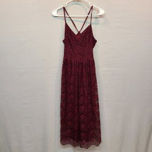 Abercrombie & Fitch Dress Womens Medium Lace Midi Open Back V Neck Burgundy